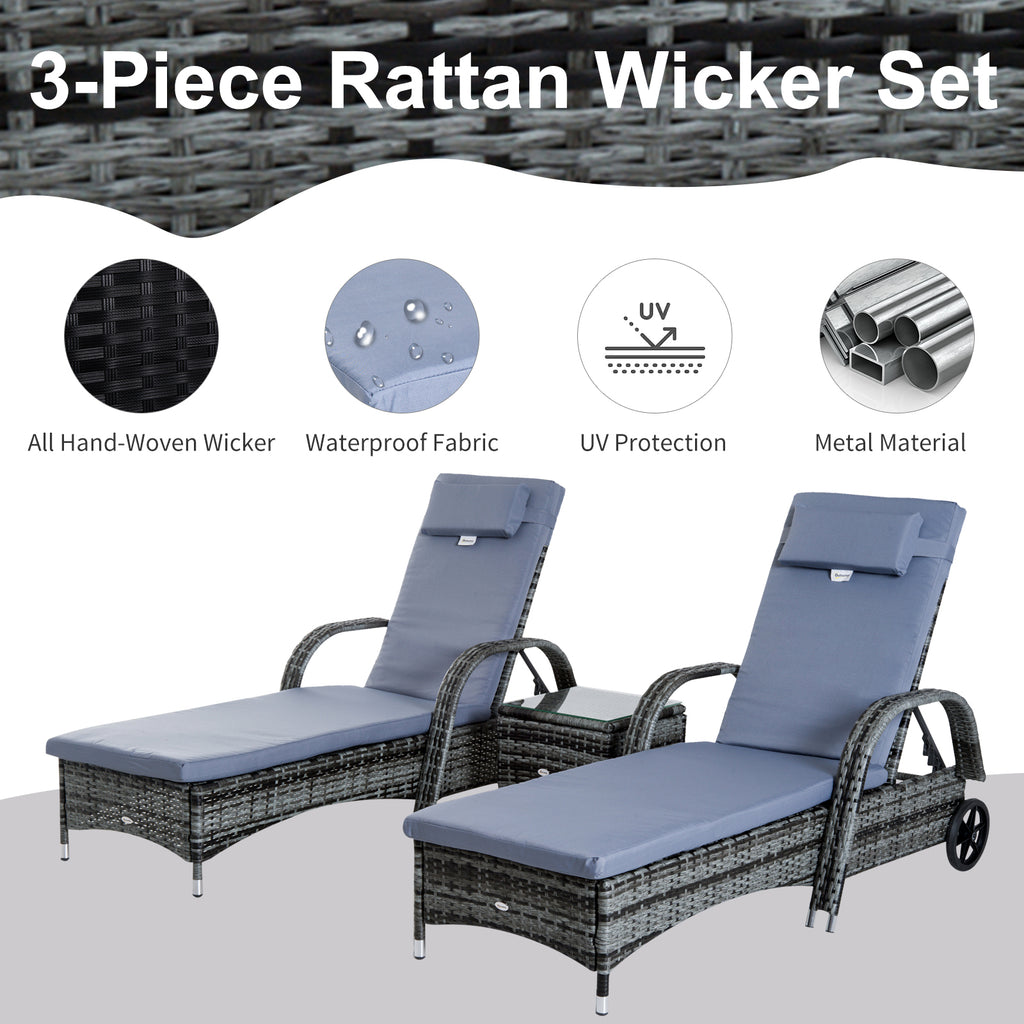 3 Pieces Patio Wicker Chaise Lounge Chair Set, Adjustable PE Rattan Cushioned Lounge Set of 2 with Armrests, Side Table & Moving Wheels, Grey