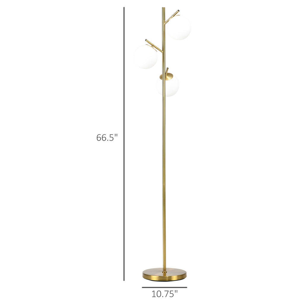 3-Light Modern Floor Lamps for Living Room, Tree Standing Lamp for Bedroom with Globe Lampshade, Steel Base, (Bulb not Included), Gold