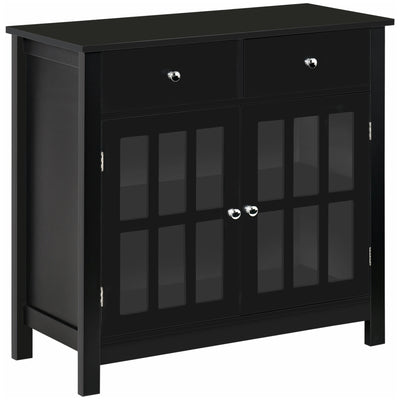 Sideboard Buffet Cabinet, Storage Cupboard with Glass Doors, Adjustable Shelf and 2 Drawers for Kitchen, Black