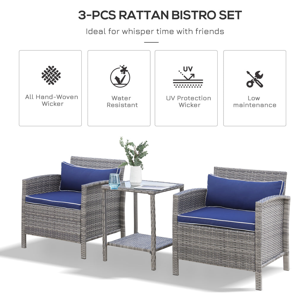 3 Pcs Rattan Wicker Bistro Set with Soft Cushions, Outdoor Coffee Sets with Glass Table and Storage Shelf for Patio, Blue