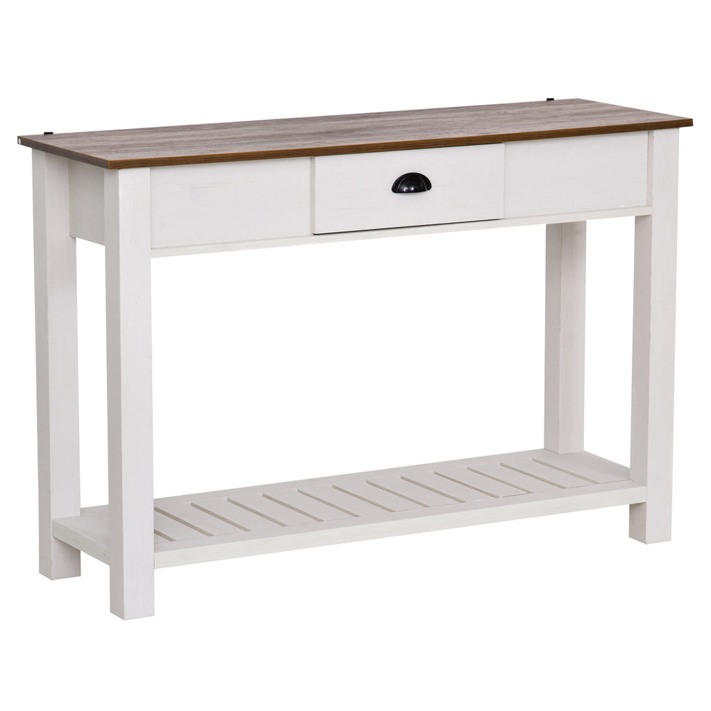 Console Table American Pastoral Desk with Drawer Bottom Shelf Living Room  Entryway  Bedroom Natural Wood Color  White