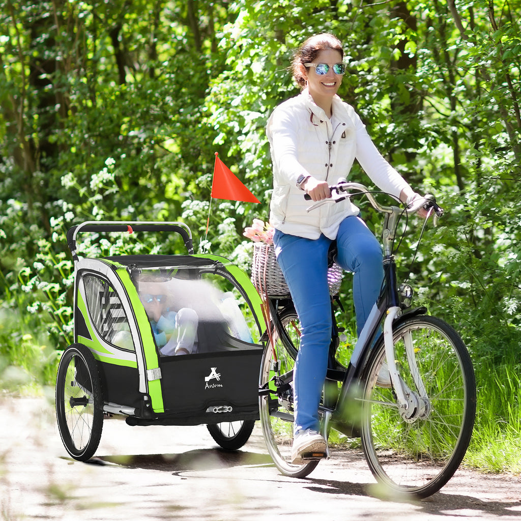 Green 3-in-1 Bike Trailer for Kids, Running Stroller with 2 Seats, Jogging Cart with 5-Point Harness, Storage Units