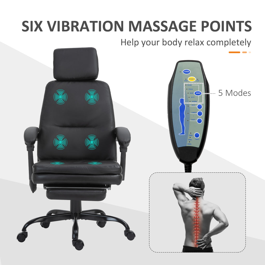 High-Back 6-Point Vibration Massaging Office Chair with 5 Modes, Headrest, Padded Seat, Wheels, Retractable Footrest, Black