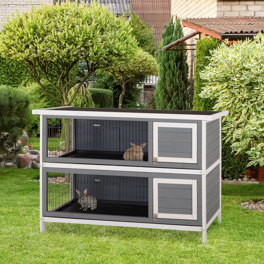 54" 2-Story Large Rabbit Hutch Bunny Cage Small Animal Habitat with Lockable Doors, No Leak Tray and waterproof Roof for Outdoor, Dark Grey