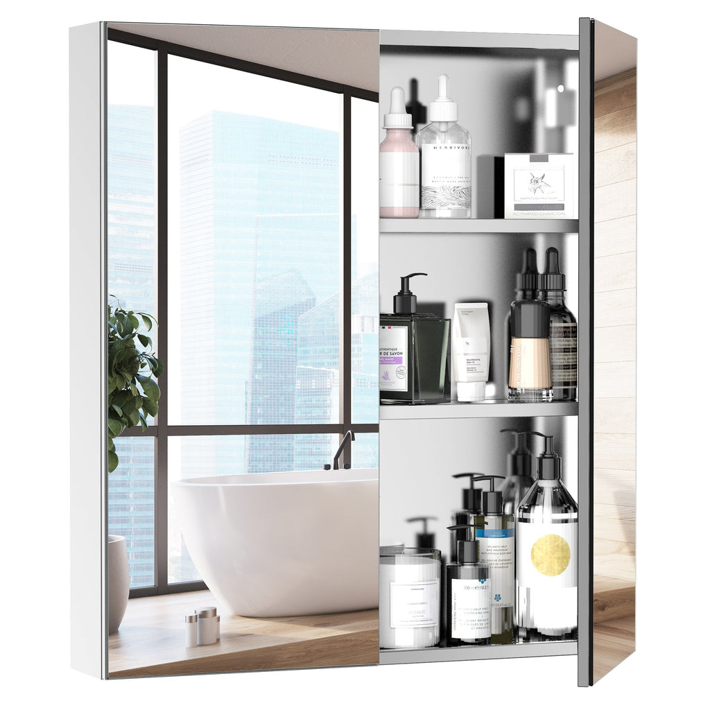 Bathroom Mirror Cabinet, Bathroom Medicine Cabinet with 3-Tier Fixed Metal Shelves and Stainless Steel for Bathroom, Mirror Cabinet, Silver