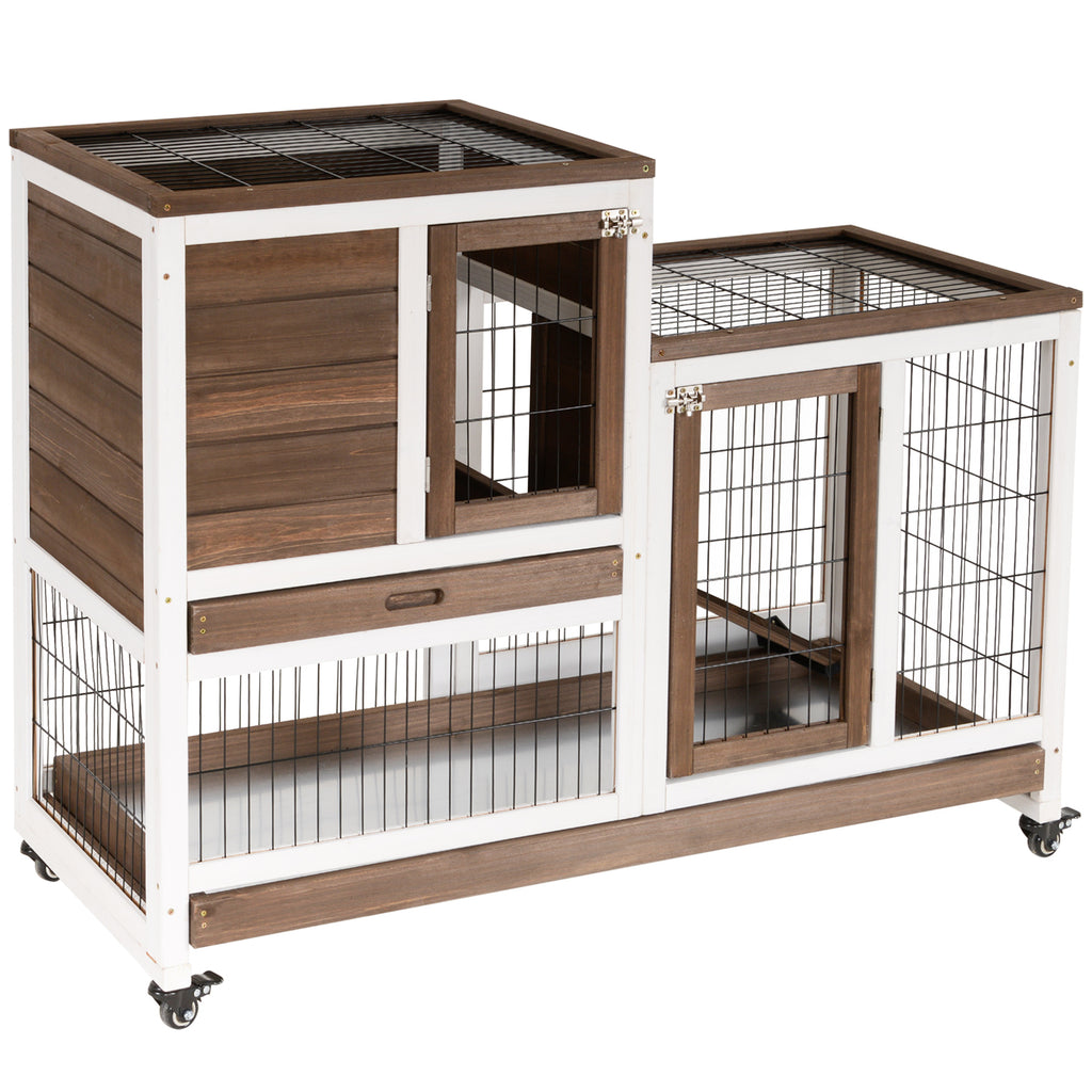 Wooden Rabbit Hutch Elevated Bunny Cage Indoor Small Animal Habitat with Enclosed Run, Wheels, Ramp, Removable Tray for Guinea Pigs, Brown