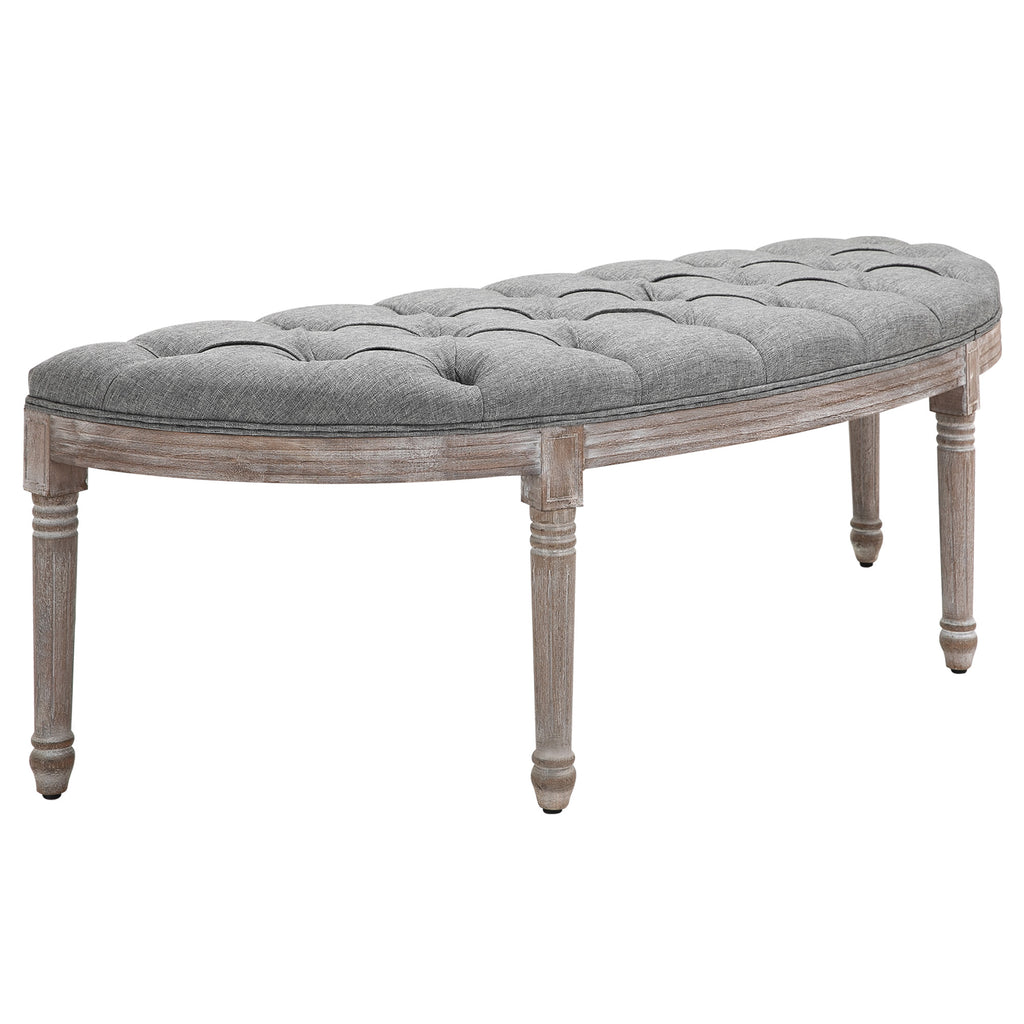 Vintage Semi-Circle Hallway Bench Tufted Upholstered Linen-Touch Fabric Accent Seat with Rubberwood Legs, Grey