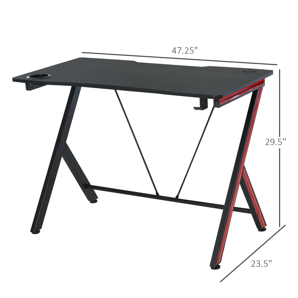 47 inch Gaming Computer Desk, Home Office Gamer Table Workstation with Cup Holder, Headphone Hook, Cable Management, Carbon Fiber Surface