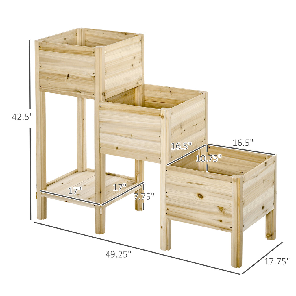 49" x 18" x 43" 3-Tier Raised Garden Bed w/ Storage Shelf, Outdoor Wood Elevated Planter Box Kit, Freestanding Wooden Plant Stand