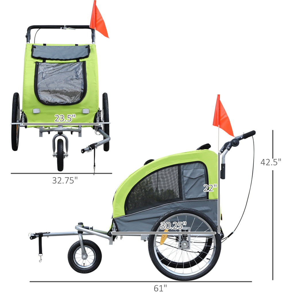 Dog Bike Trailer 2-In-1 Pet Stroller with Canopy and Storage Pockets, Green