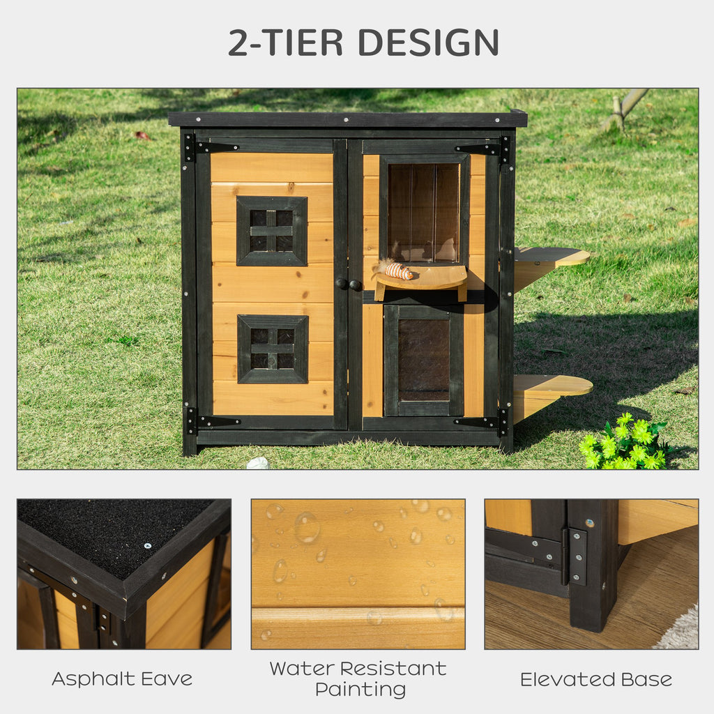 2-Tier Cat House, Outdoor Feral Cat Shelter, with Weather Resistant Roof, Escape Door, PVC Curtain, Glass Window, Yellow
