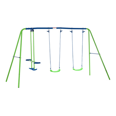 Metal Swings & Seesaw Set Double Swing Seats with a Seesaw Height Adjustable Children Backyard Play Set for Toddlers Over 3 Years Old, Blue