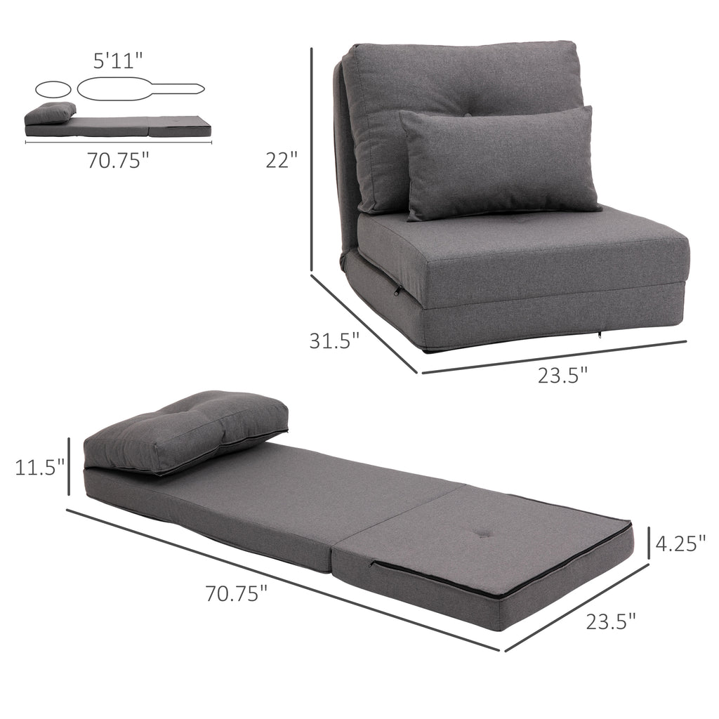 Convertible Flip Chair, Floor Lazy Sofa, Folding Upholstered Couch Bed with Adjustable Backrest and Pillows for Living Room, Dark Grey