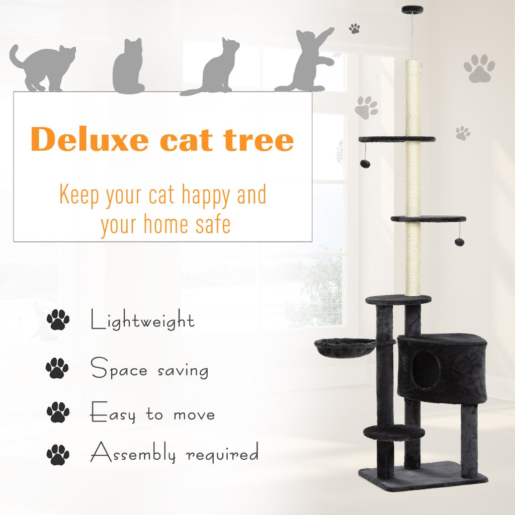 Vertical Cat Tree Adjustable Height Floor-To-Ceiling with Carpet Platforms Condo & Rope Scratching Areas  Grey