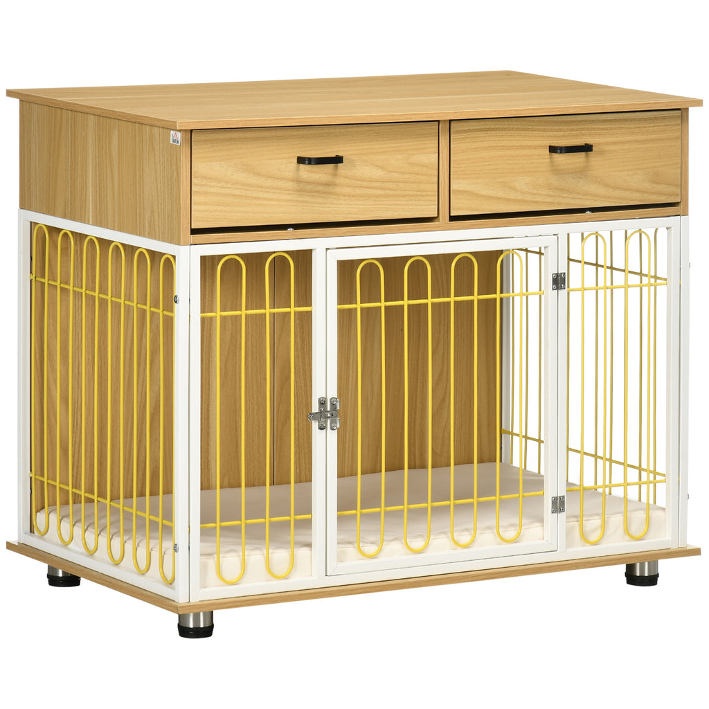 Dog Crate with Drawers, Soft Cushion, Lockable Door, for Small and Medium Dogs, Oak