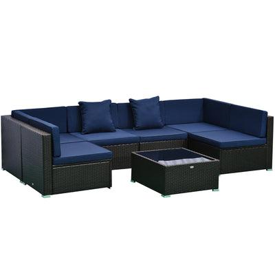 7-Piece Patio Furniture Sets Outdoor Wicker Conversation Sets PE Rattan Sofa set with Cushions & Tempered Glass Desktop, Dark Blue