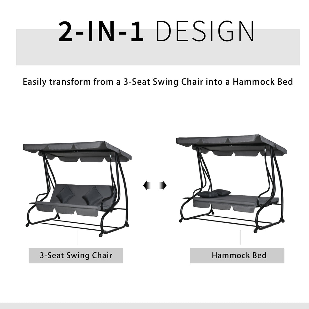 3 Seat Outdoor Free Standing Swing Bench Porch Swing with Stand, Comfortable Cushioned Fabric & Included Canopy, Grey