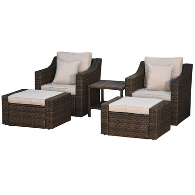 5-Piece PE Rattan Outdoor Patio Armchair Set with 2 Chairs, 2 Ottomans, Coffee Table Conversation Set, & Durable Build, Beige