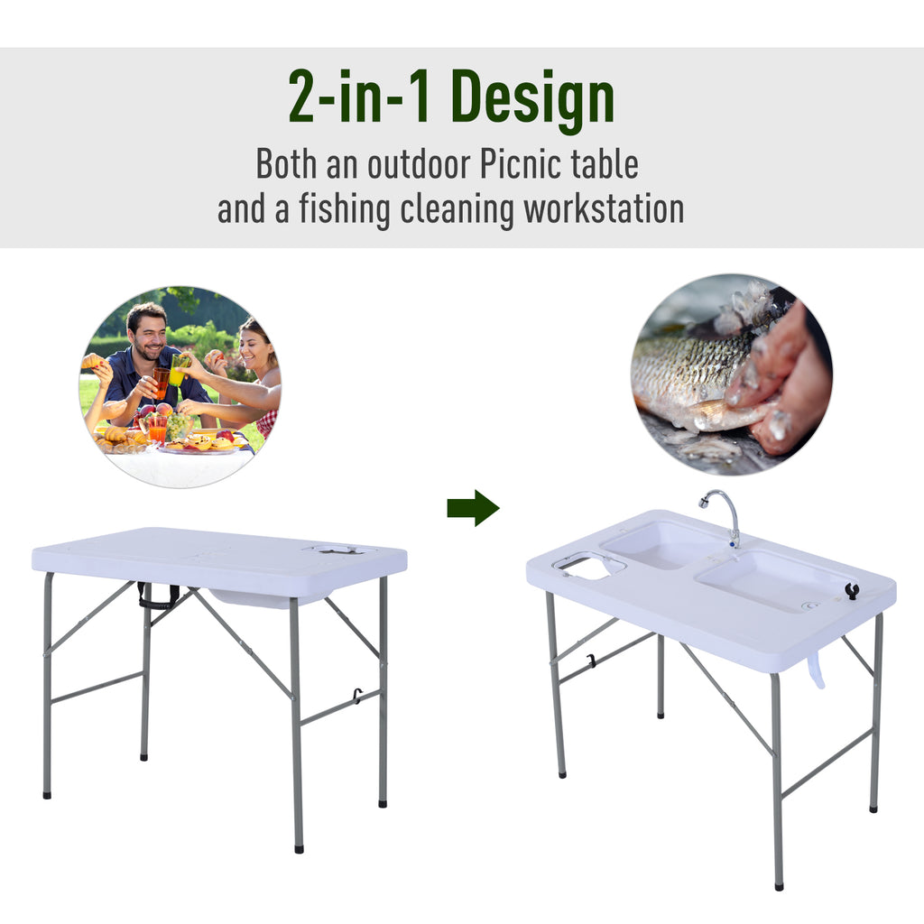 40" Portable Camping Table with Faucet Folding Easy-Clean Camping Table with Dual Water Basins