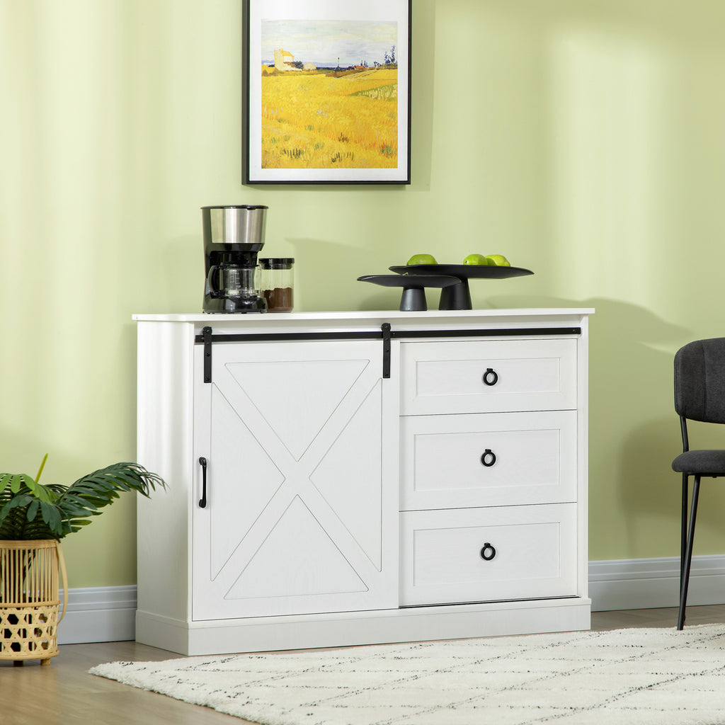 Farmhouse Kitchen Sideboard, Buffet Cabinet with Sliding Barn Door and 3 Storage Drawers for Living Room, White