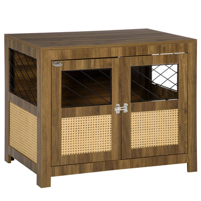Dog Crate Furniture with Cushion, Dog Kennel End Table with Double Doors, Latch, Indoor Use, for Small and Medium-Sized Dogs, Walnut