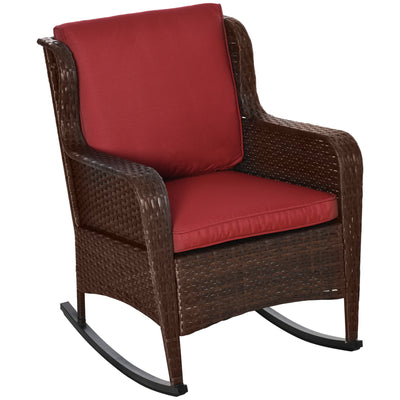 Patio Wicker Rocking Chair, Outdoor PE Rattan Swing Chair w/ Soft Cushions, Classic Style for Garden, Patio, Lawn, Wine Red