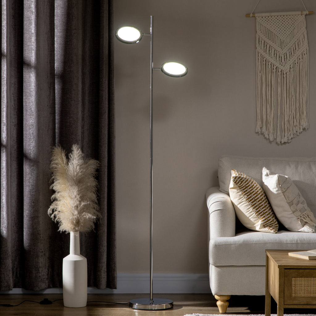 2 Light Modern Floor Lamps for Living Room, Standing Lamp with White LED, Adjustable Head, Chrome