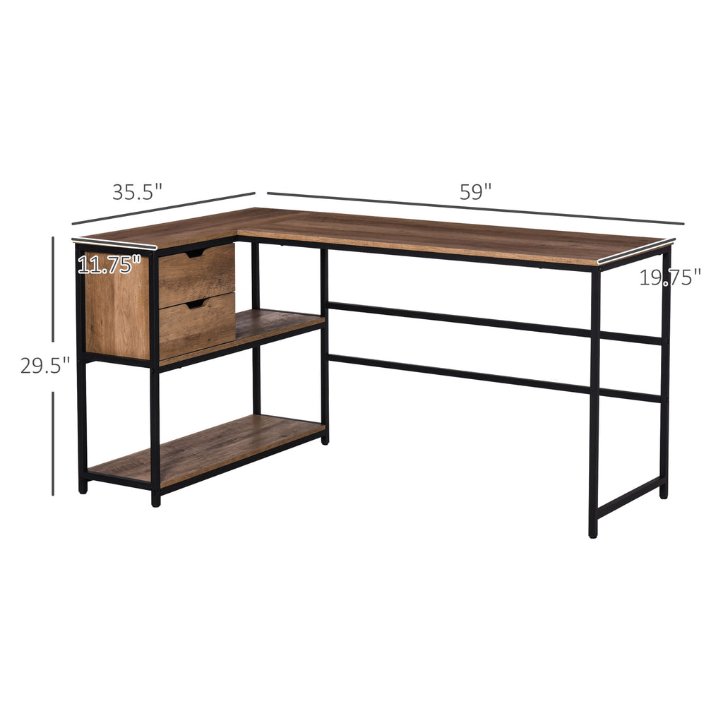L-Shaped Home Office Writing Desk with Storage Shelf, Drawer, Industrial Corner PC Study Table Computer Workstation, Brown
