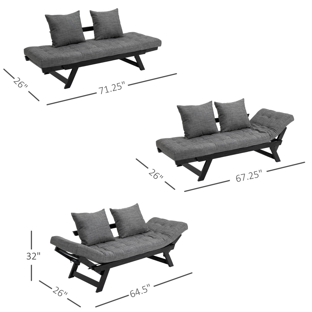 Single Person 3 Position Convertible Chaise Lounger Sofa Bed with 2 Large Pillows and Black Frame, Dark Charcoal Grey