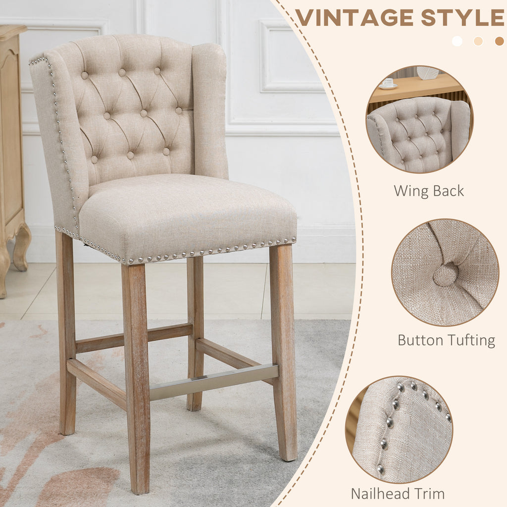 Counter Height Bar Stools Set of 2, Upholstered 26.75" Seat Height Barstools, Breakfast Chairs with Nailhead-Trim, Tufted Back and Wood Legs, Beige