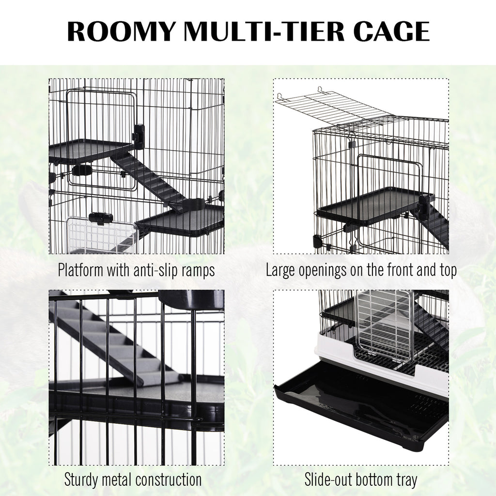 32"L 4-Level Small Animal Cage Rabbit Hutch with Universal Lockable Wheels, Slide-out Tray for Bunny, Chinchillas, Ferret, Black