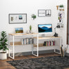 86.5 Inch Two Person Desk Double Computer Table Writing Desk with Open Shelves Long Storage Workstation for Home Office White and Natural