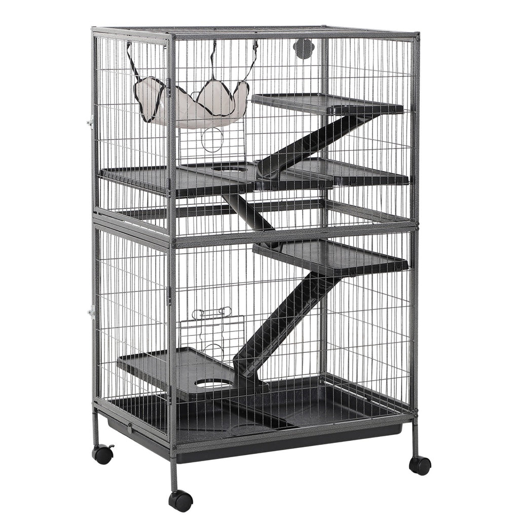 50"H 5-Tier Steel Plastic Small Animal Pet Cage Kit for Little Rabbit Guinea Pig with Wheels, Brakes, hammock, Removable Tray - Silver Grey