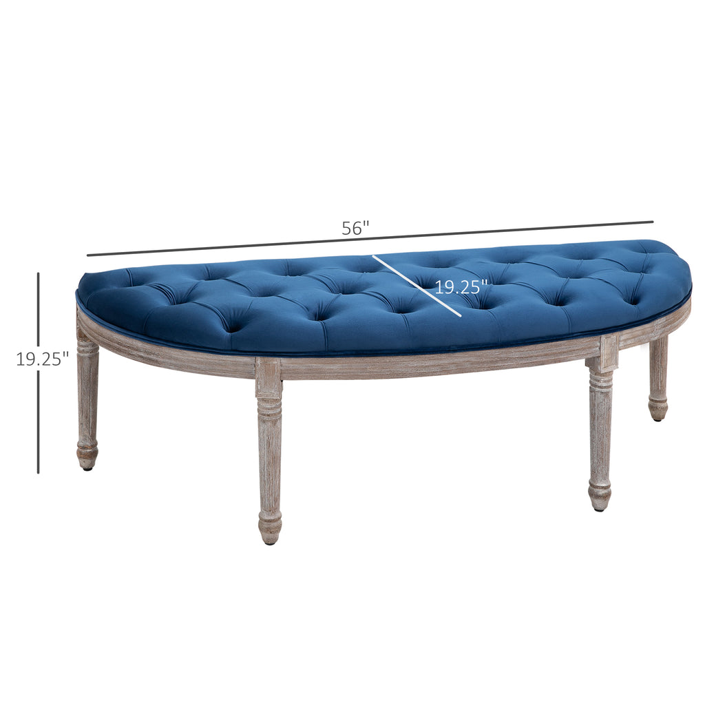 Vintage Semi-Circle Hallway Bench Tufted Upholstered Velvet-Touch Fabric Accent Seat with Rubberwood Legs  Blue