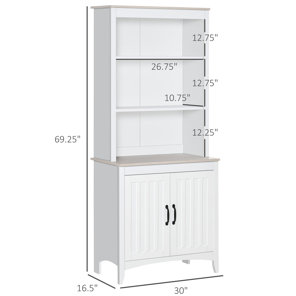 69" Kitchen Buffet Hutch with 3-Tier Shelving, Freestanding Storage Pantry Cabinet, Sideboard with Shelves and Open Countertop, White