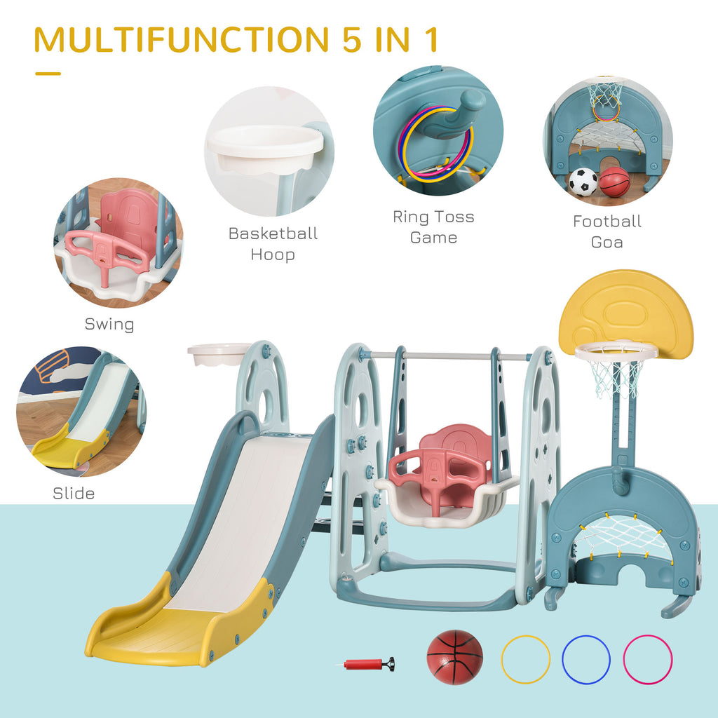 5 in 1 Kids Slide and Swing Set with Basketball Hoop Football Goal Water-fillable Base Toddler Playground Activity Center Indoor Exercise Toy