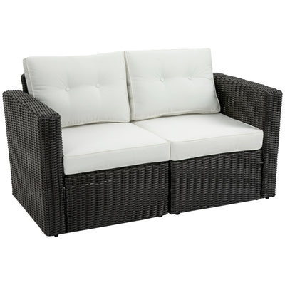 2 Pieces Patio Wicker Corner Sofa Set, Outdoor Freely Combination PE Rattan Furniture, W/ Curved Armrests & Padded Cushion for Balcony