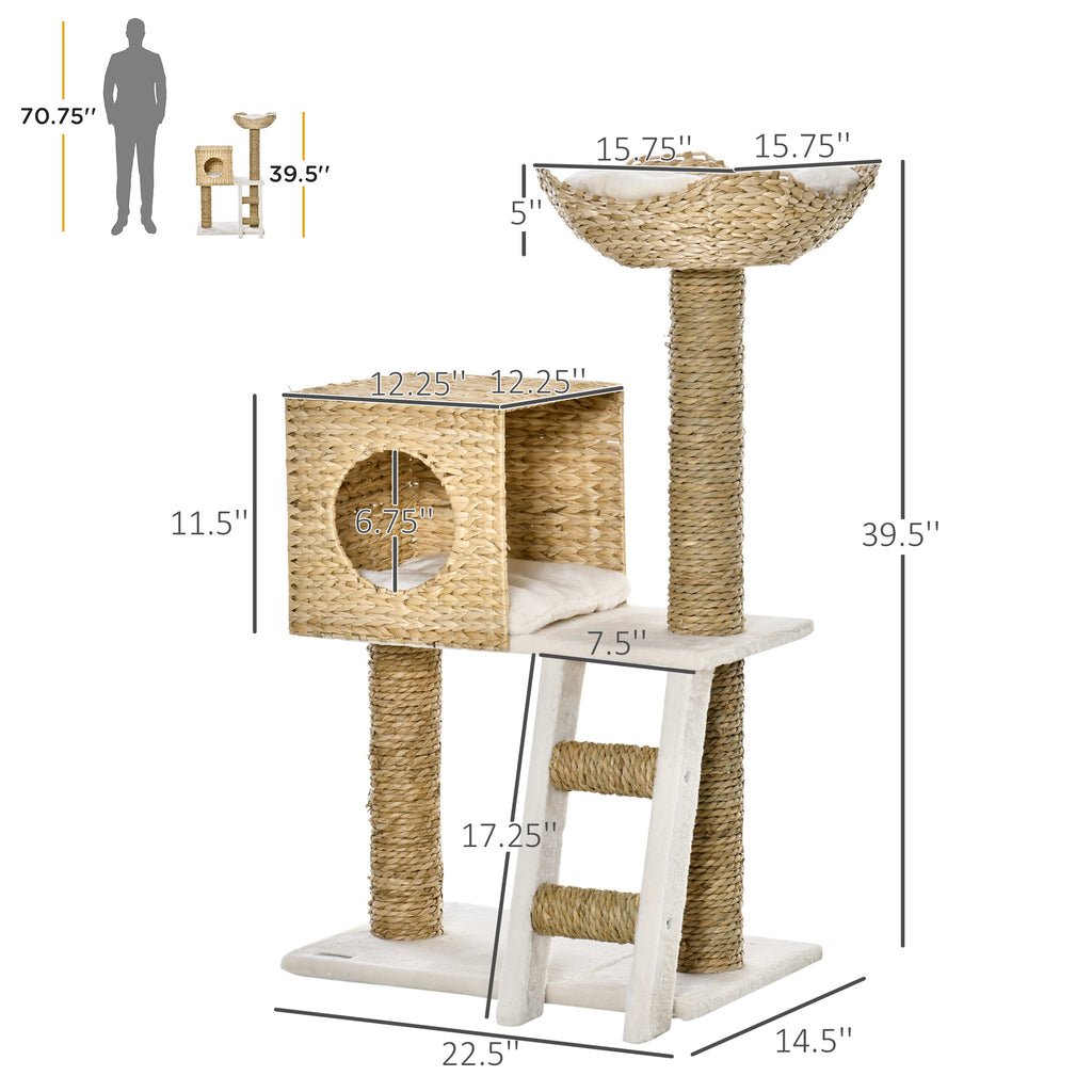 Cat Tree for Indoor Cats Kitty Tower Cattail Weave with Cat Condo, Bed, Ladder, Washable Cushions, 22.5" x 14.5" x 39.5", Natural