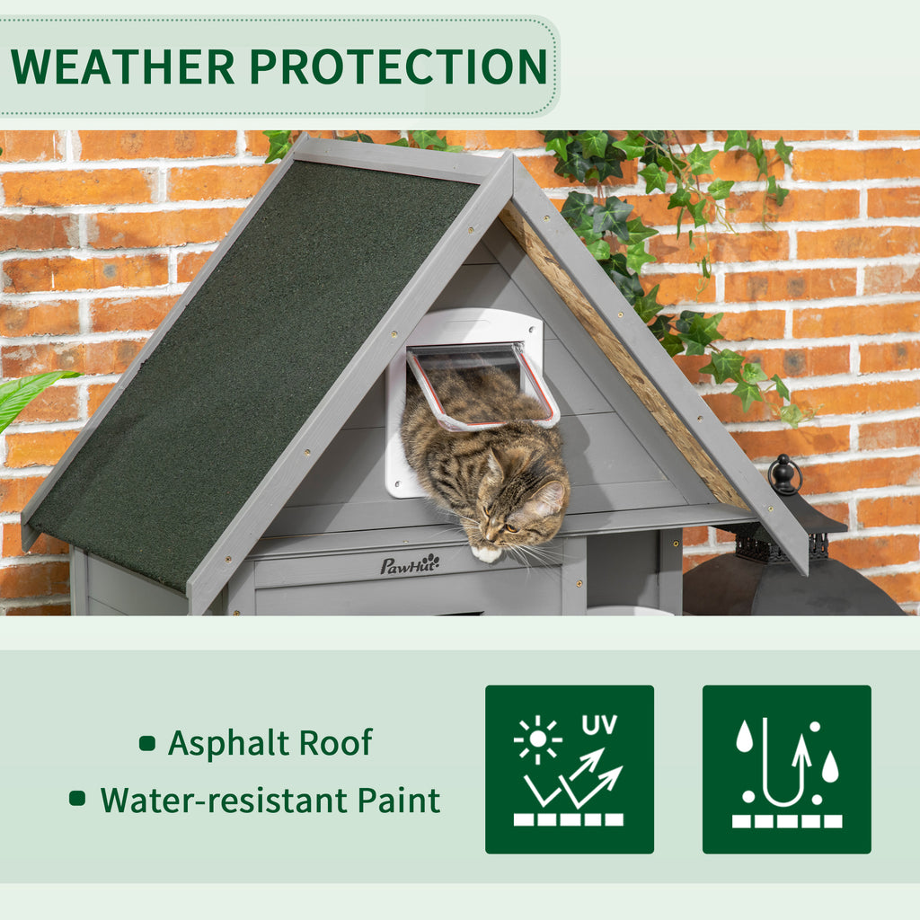 Outdoor Cat House with Terrace, 3-Story Feral Cat House with Weather Resistant Roof, Wooden Cat Shelter with Escape Doors Ramps, Resting Condos