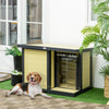 Dog House Outdoor, Cabin Style Pet Home Cottage, Weather Resistant, with Raised Feet, Terrace, Openable Top, PVC Curtain, for Medium Sized Dog, Natural wood