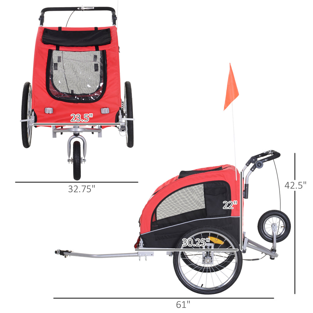 Dog Bike Trailer 2-In-1 Pet Stroller with Canopy and Storage Pockets, Red