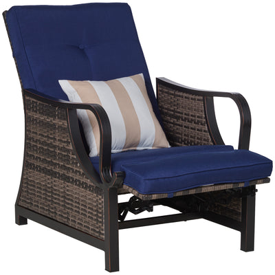 Outdoor Patio Recliner with All Hand-Woven Wicker, Adjustable Lounge Chair w/ Cushions, Rust-Resistant Metal Frame for Patio, Dark Blue