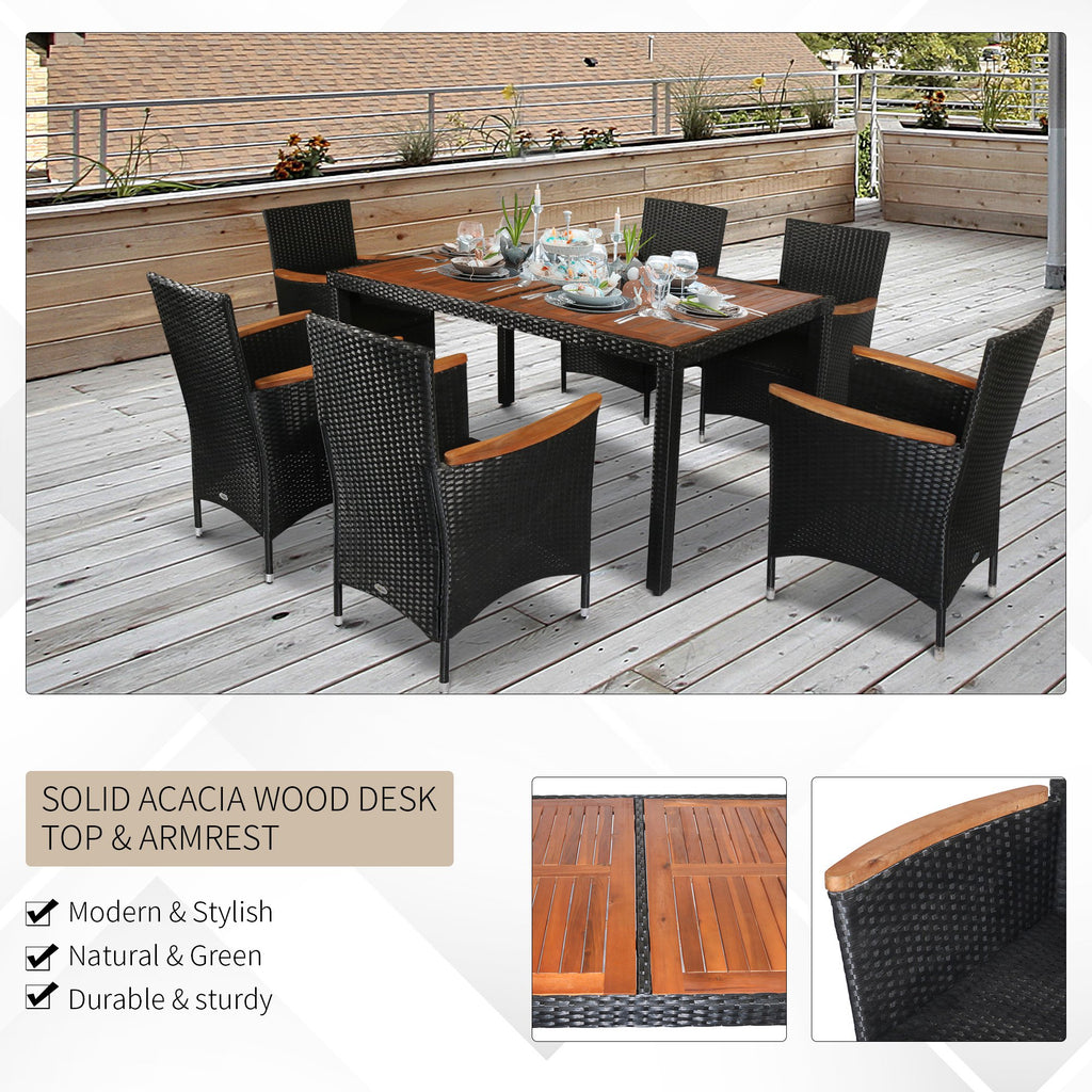 7 PCS Patio Dining Set Rattan Wicker Furniture Set with Acacia Wood Table Top, Stackable Armrest Chairs with Water-Proof Cushion