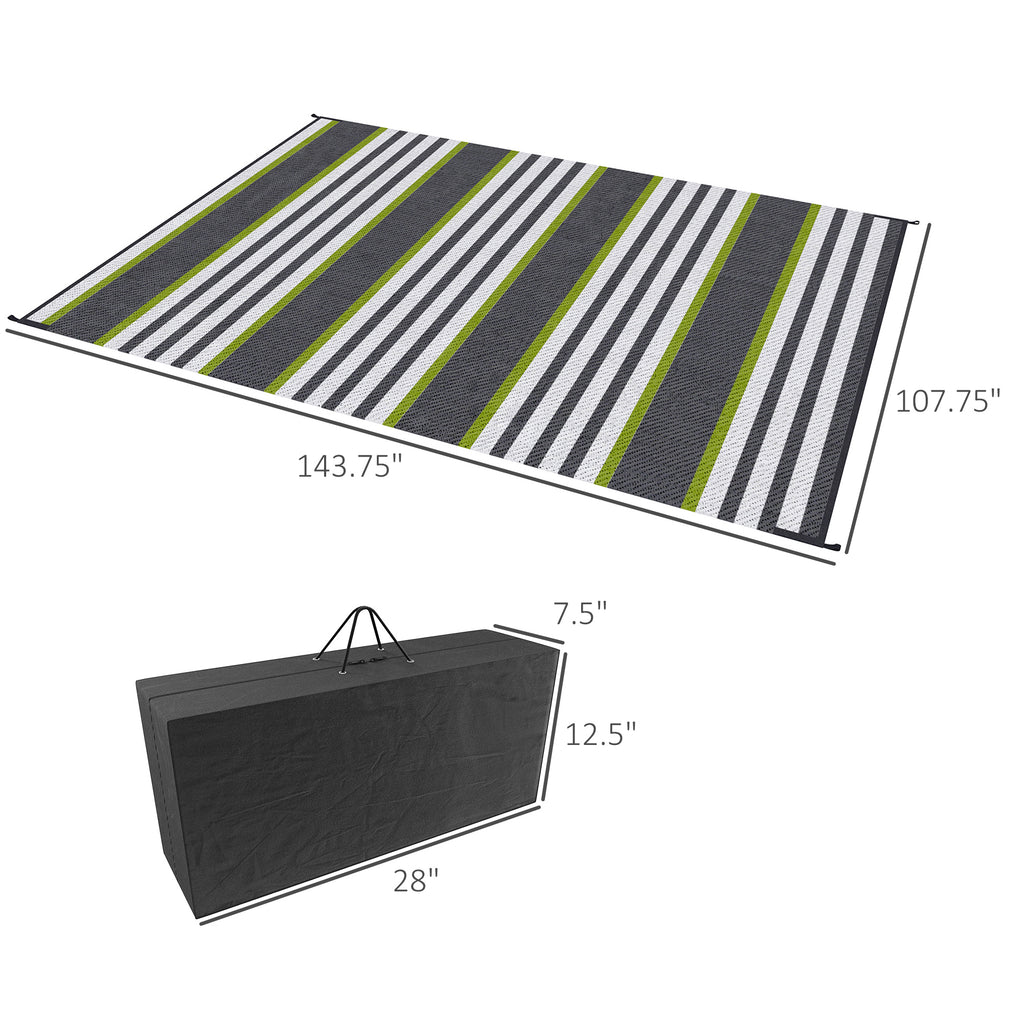 RV Mat, Outdoor Patio Rug / Large Camping Carpet with Carrying Bag, 9' x 12', Waterproof Plastic Straw, Reversible Design for Backyard, Porch, Picnic, Poolside, Green & Gray Striped