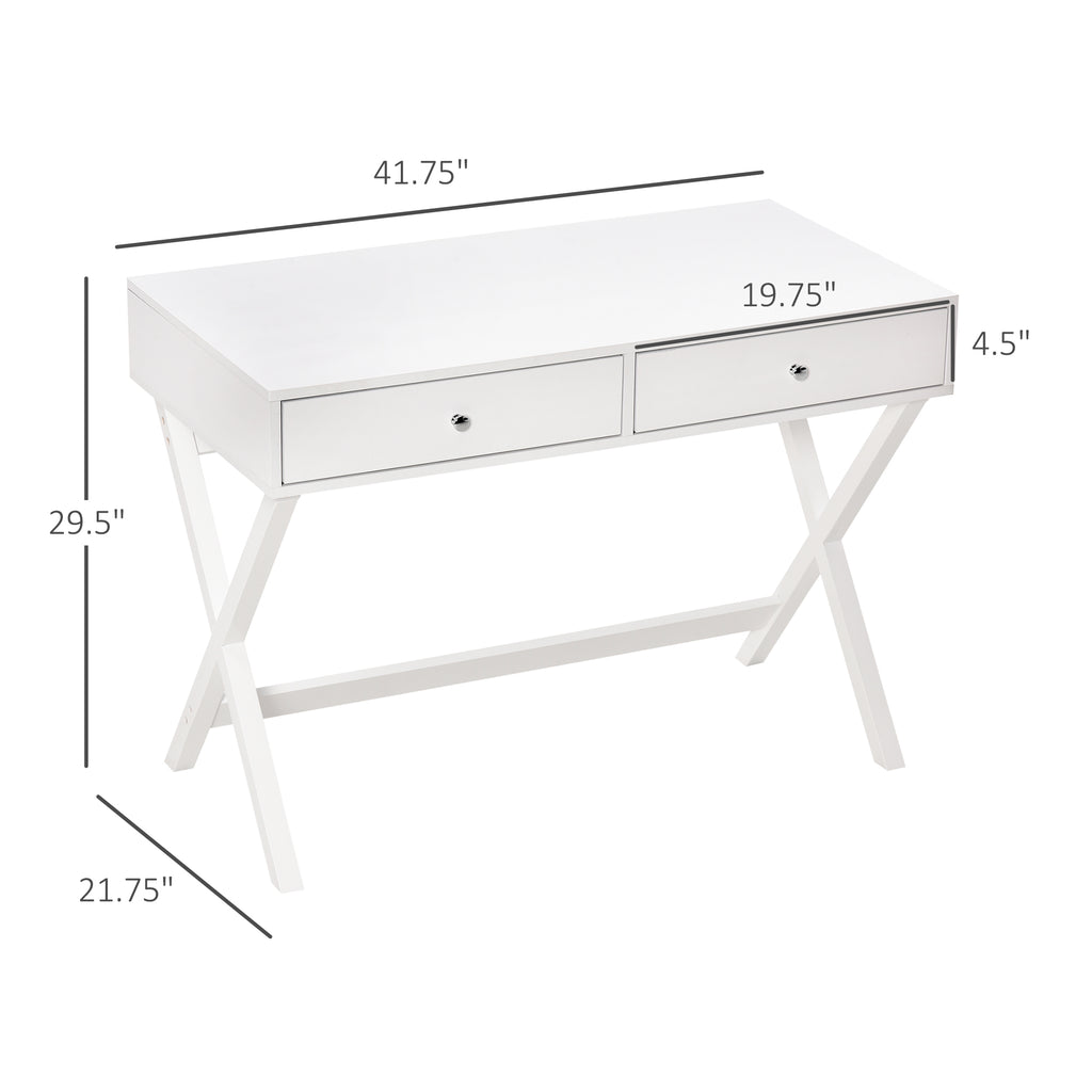 Modern Writing Desk, White Computer Desk, Vanity Makeup Table with Two Drawers, X-shaped Leg for Home Office, Bedroom