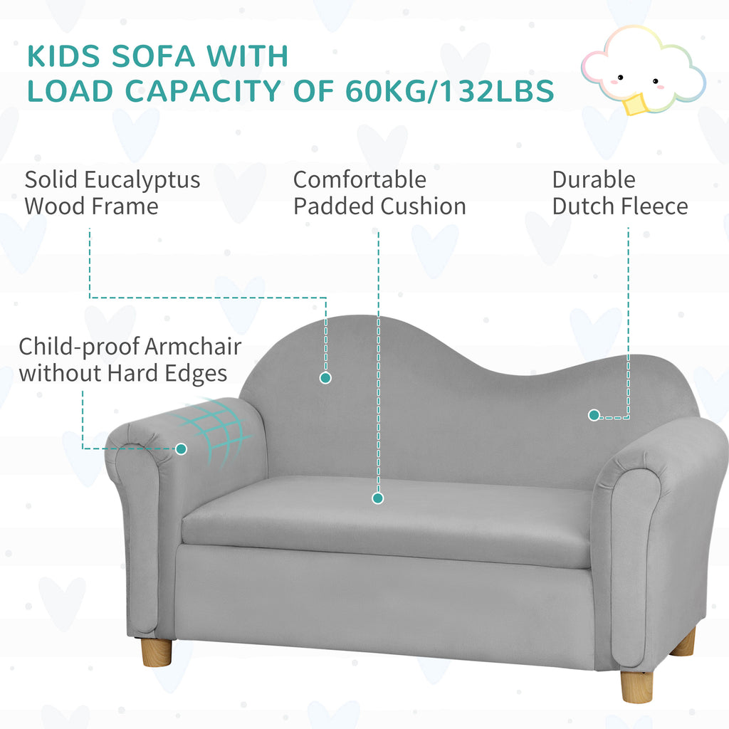 Ergonomic Foam Kids Sofa with Inner Toy Storage Chest, Velvet Kids Couch with Soft Arms, Children's Lounge Furniture, Grey