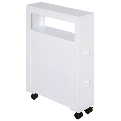 Slim Bathroom Storage Cabinet, Narrow Bathroom Cabinet with Storage Shelf, 2 Drawers and 4 Rolling Casters, Bathroom Floor Cabinet, White