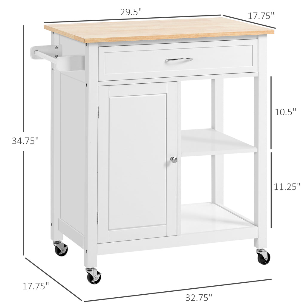 Kitchen Cart, Rolling Kitchen Island Cart on Wheels with Open Shelf & Storage Drawer for Dining Room, Kitchen, White