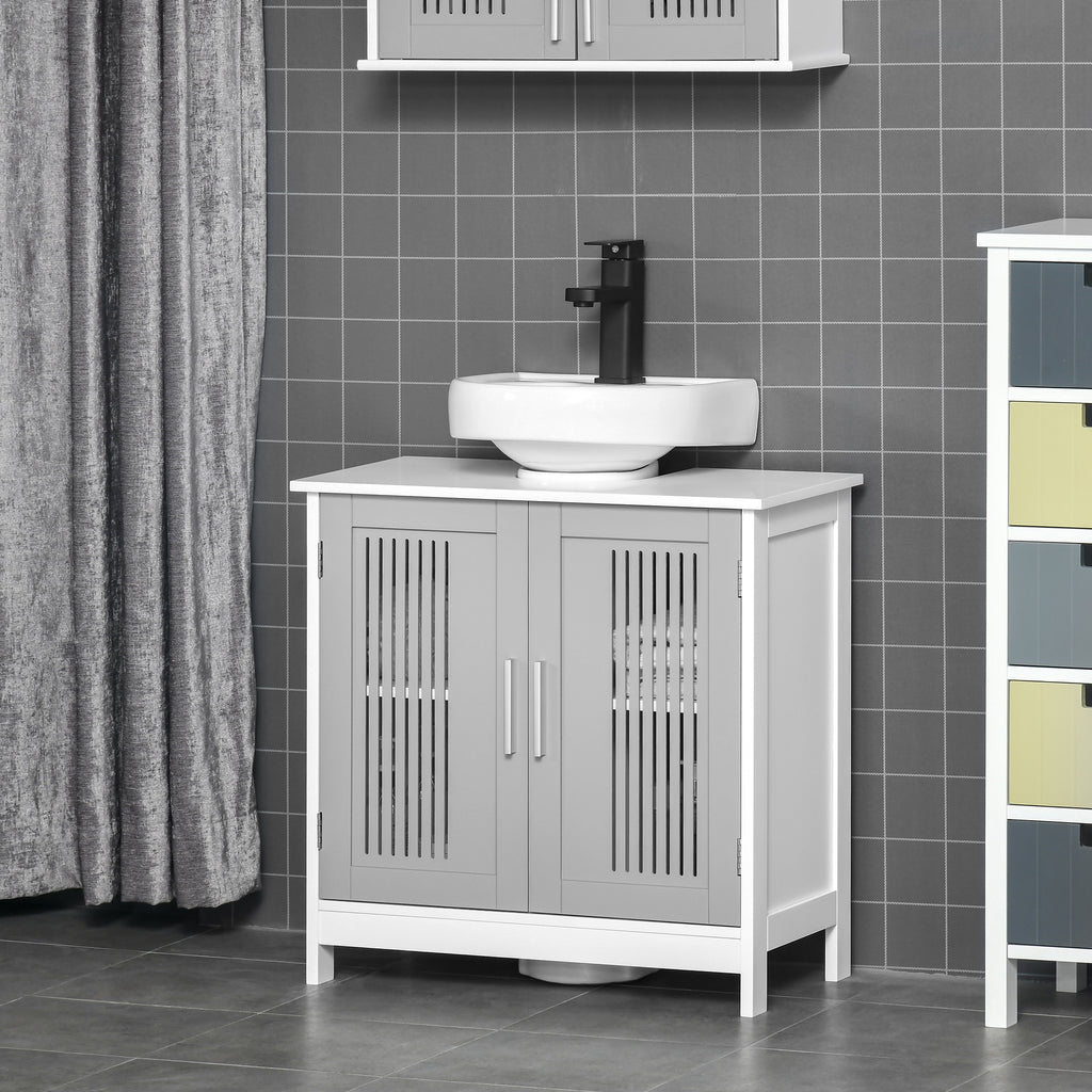 Modern Under Sink Cabinet with 2 Doors, Pedestal Under Sink Bathroom Cupboard with Adjustable Shelves, Grey and White
