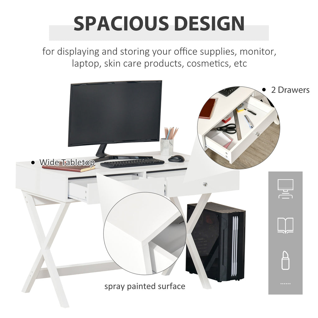 Modern Writing Desk, White Computer Desk, Vanity Makeup Table with Two Drawers, X-shaped Leg for Home Office, Bedroom